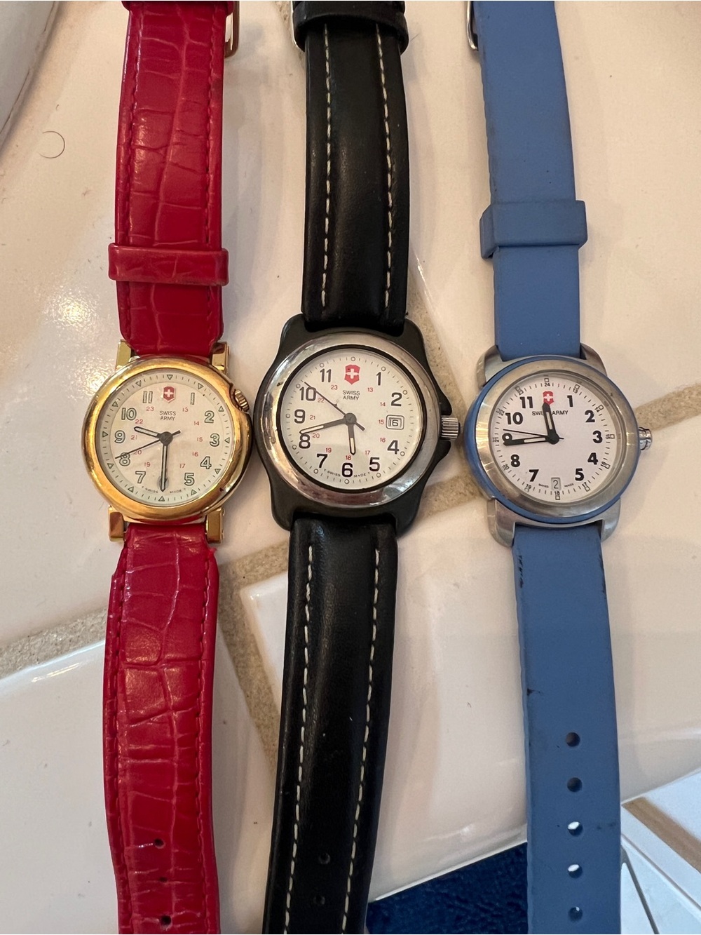 Three Vintage Swiss Army Style Ladies' Watches - Red, Black, Blue Straps